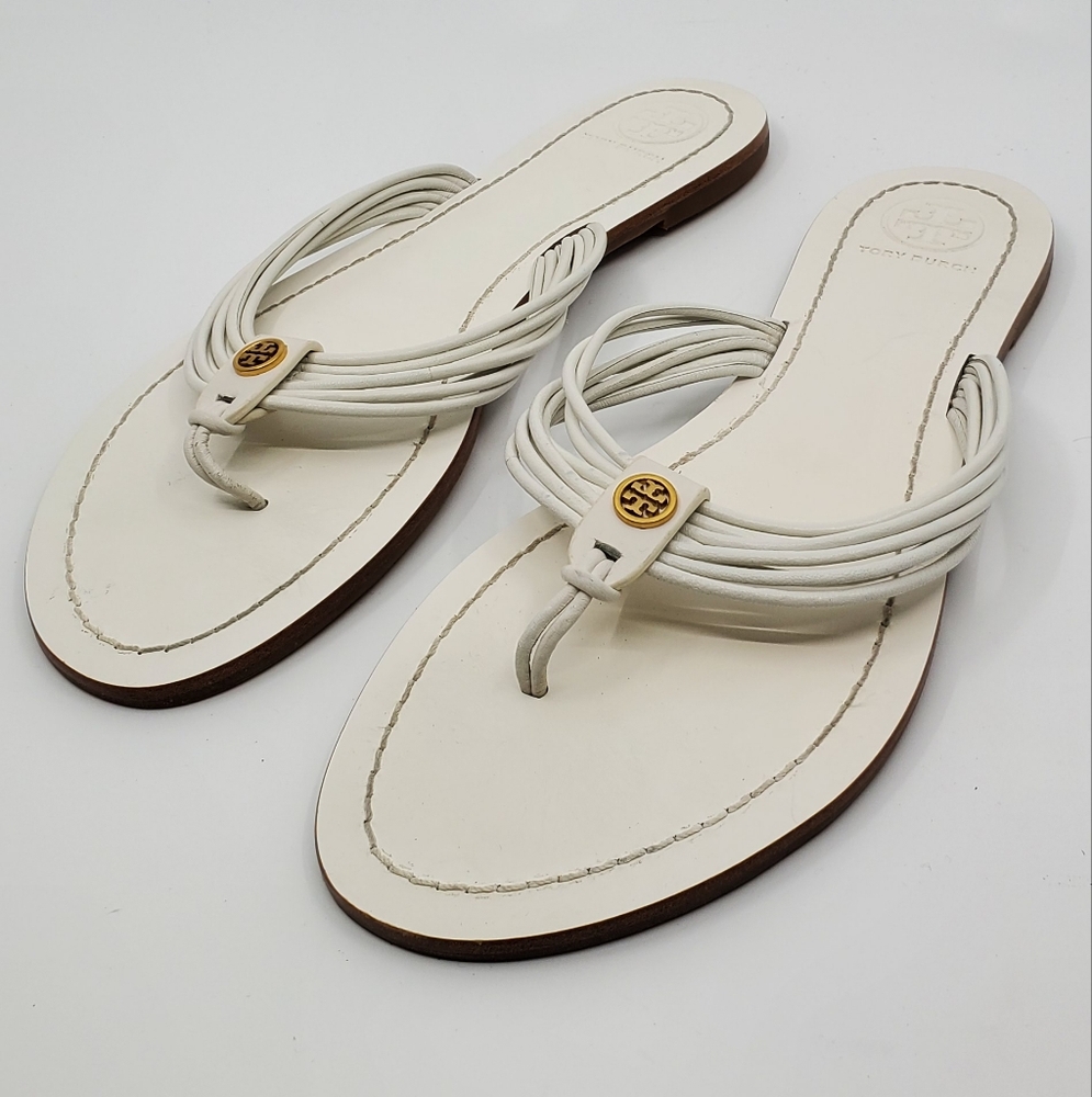 Tory Burch Cream Leather Multi-Strap Thong Sandals with Gold Logo